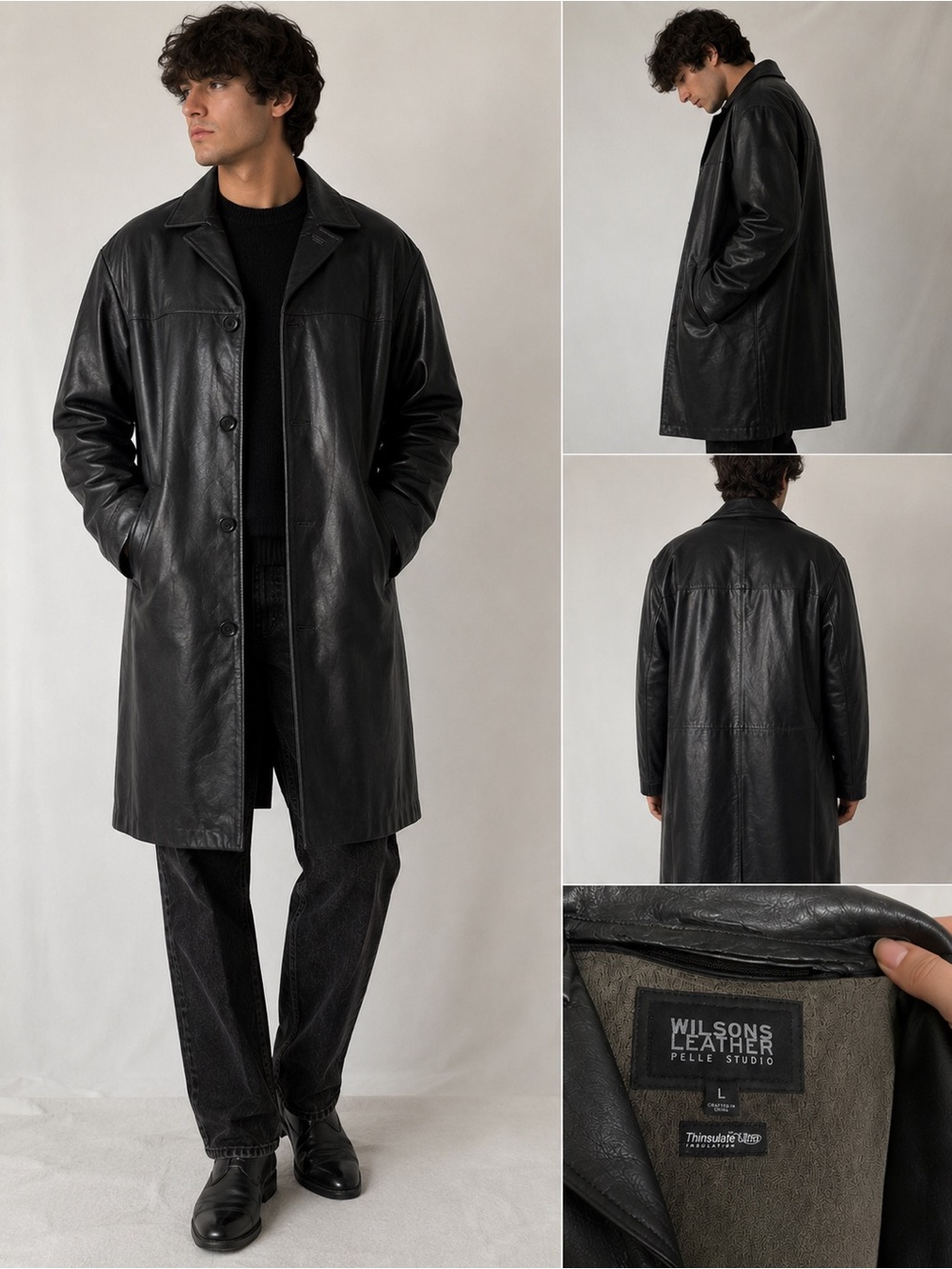 Vintage Wilsons Leather Black Leather Car Coat Mens Large